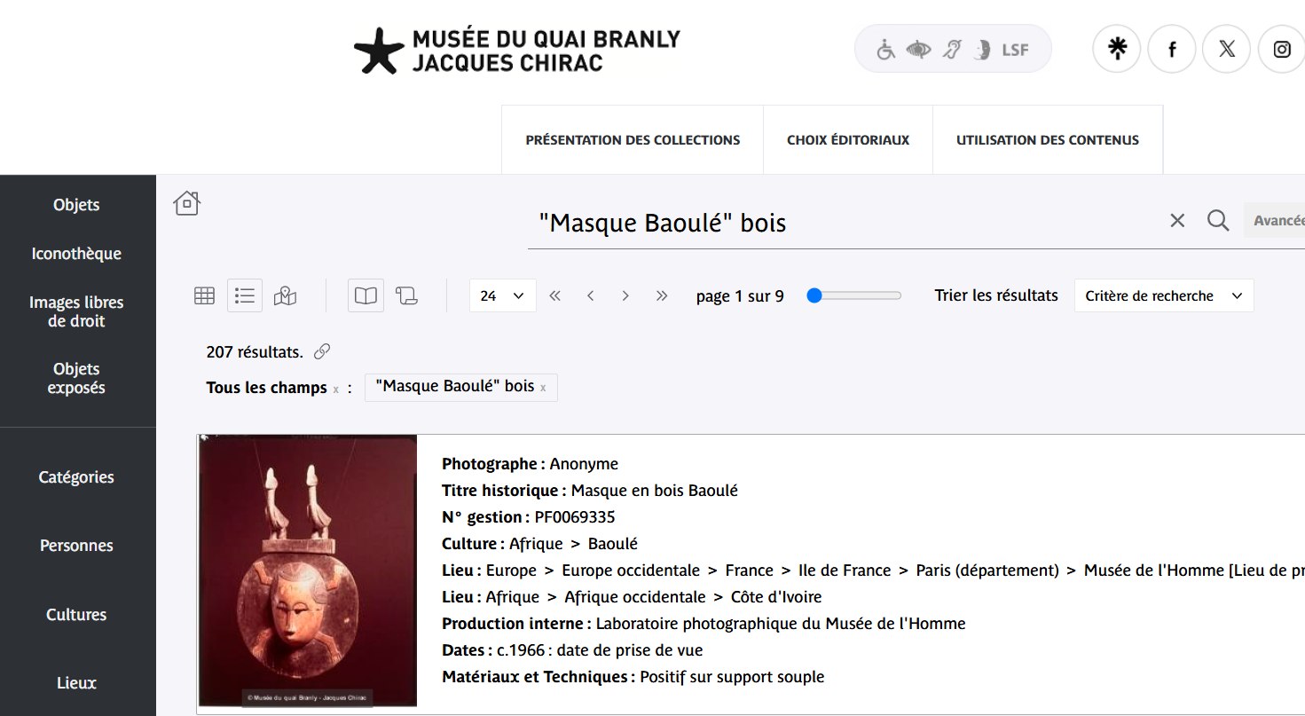 Preview of the Quai Branly's online collection page