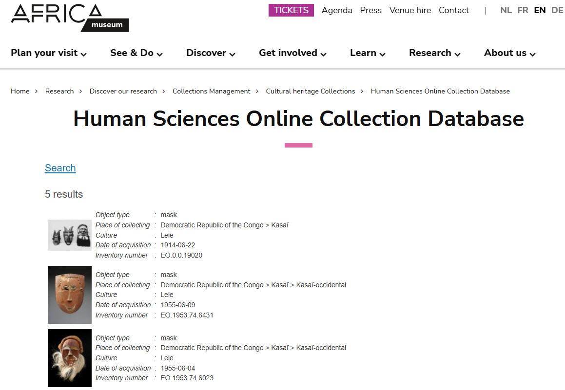 Preview of the MRAC's online collection page