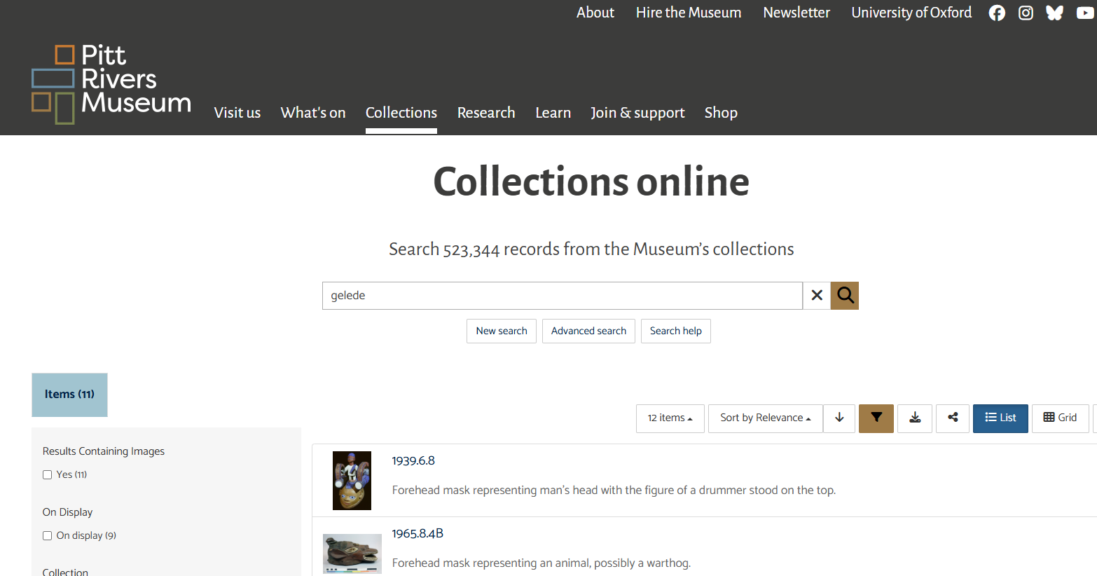 Preview of the Pitt-Rivers's online collection page