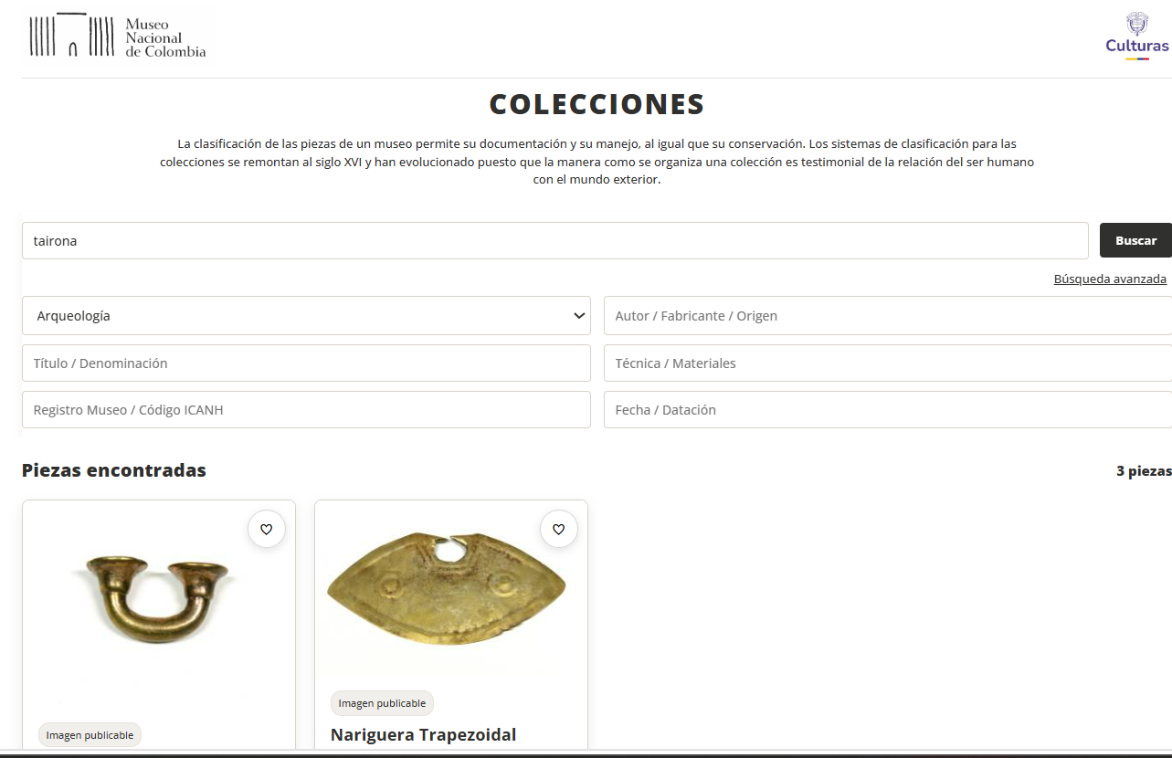 Preview of the Colombia online collection page