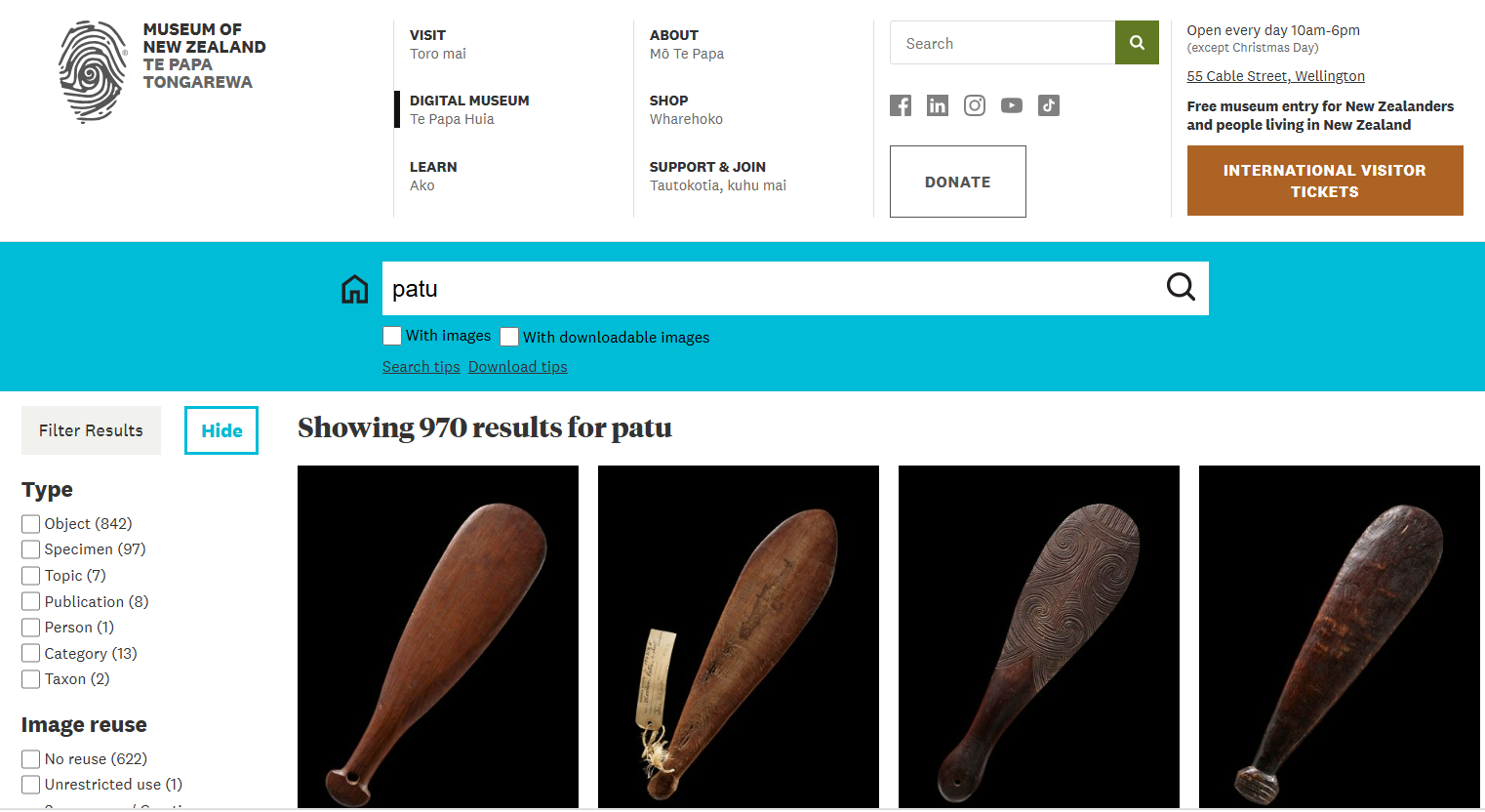 Preview of the Te Papa online collection page